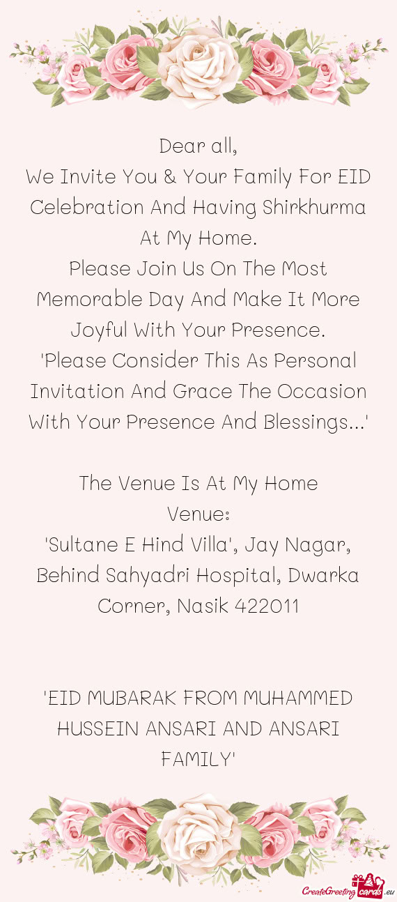 "Sultane E Hind Villa", Jay Nagar, Behind Sahyadri Hospital, Dwarka Corner, Nasik 422011