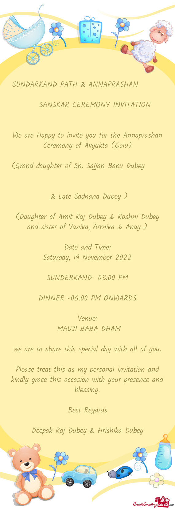 SUNDARKAND PATH & ANNAPRASHAN    SANSKAR CEREMONY INVITATION