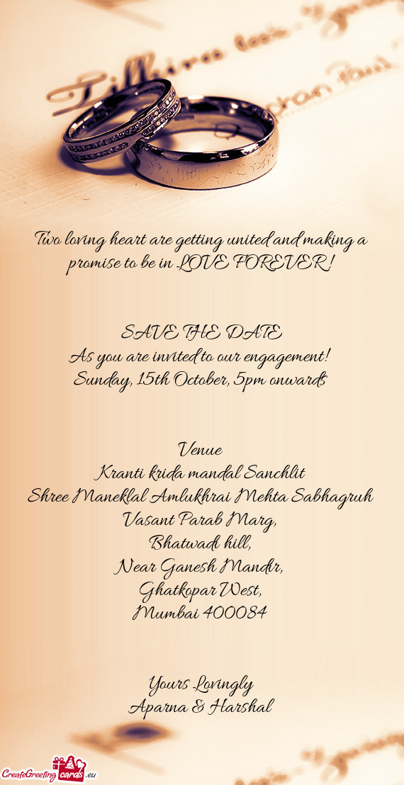 Sunday, 15th October, 5pm onwards