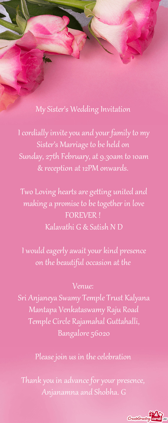 Sunday, 27th February, at 9.30am to 10am & reception at 12PM onwards