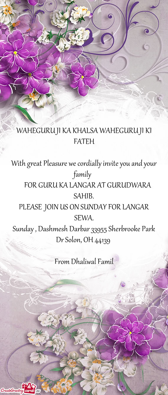 Sunday , Dashmesh Darbar 33955 Sherbrooke Park Dr Solon, OH 44139