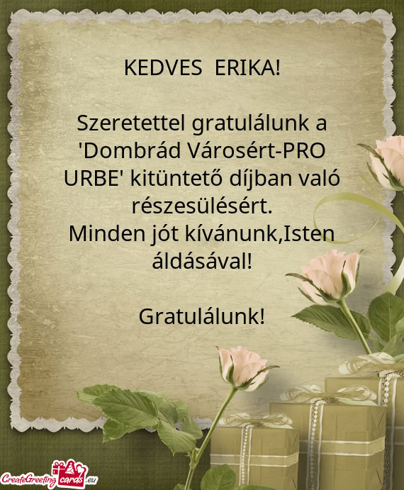 Szeretettel gratulálunk a "Dombrád Városért-PRO URBE" kitüntető díjban való részesülésér