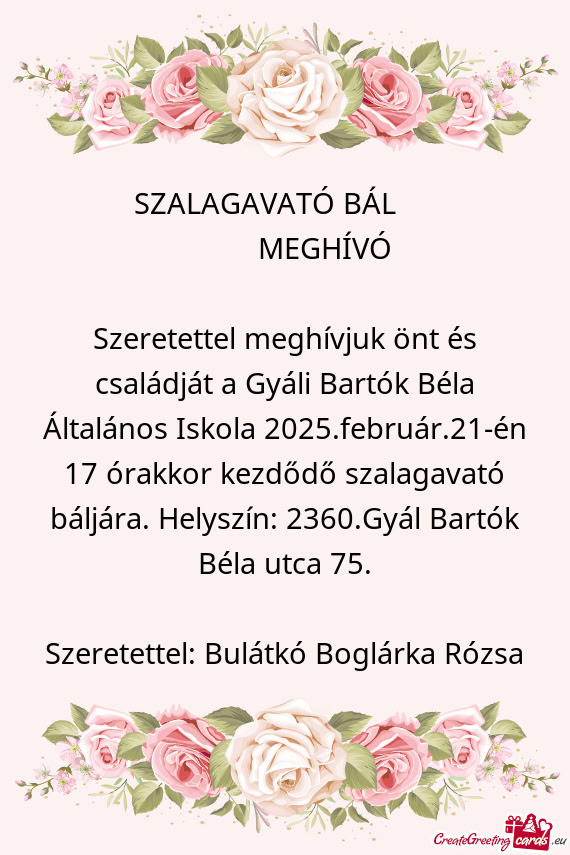 Szeretettel meghívjuk önt és családját a Gyáli Bartók Béla Általános Iskola 2025.február