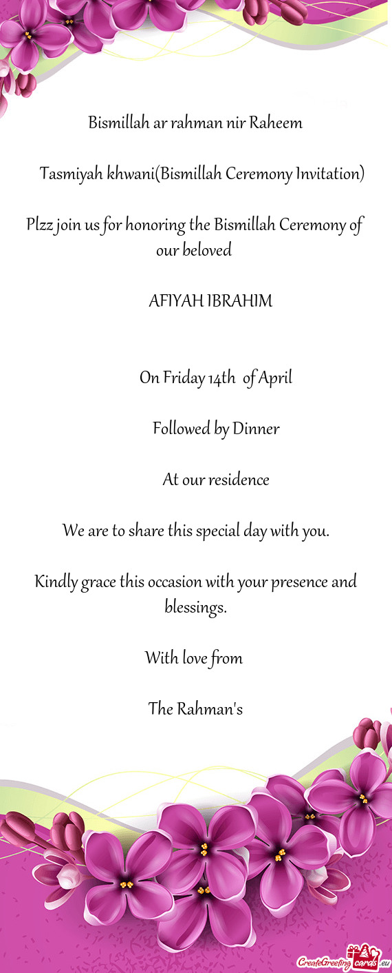 Tasmiyah khwani(Bismillah Ceremony Invitation)