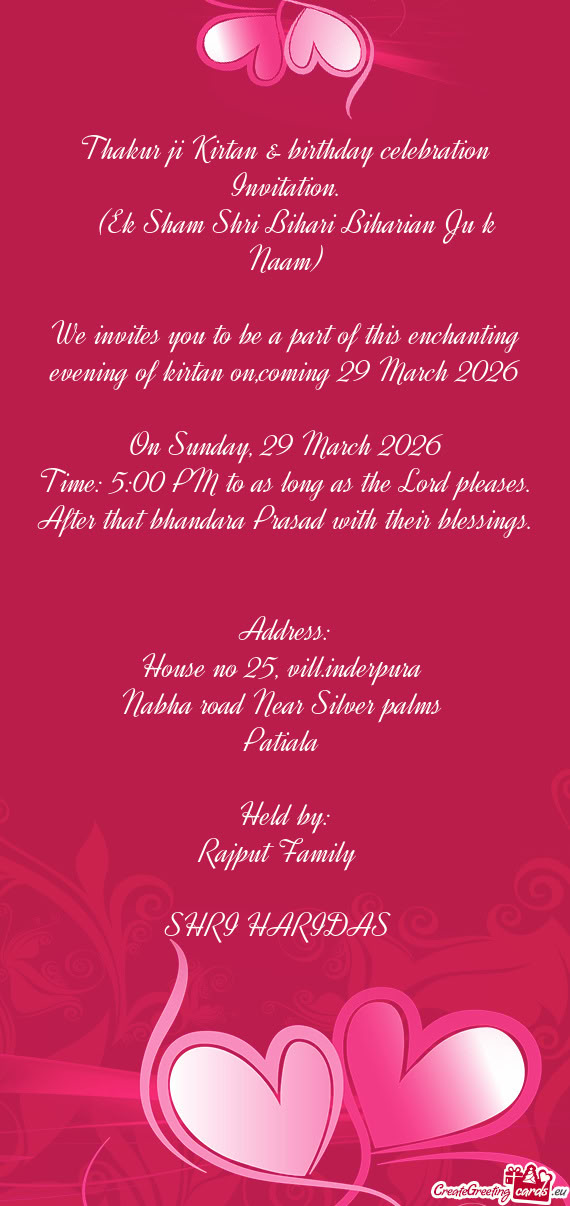 Thakur ji Kirtan & birthday celebration Invitation