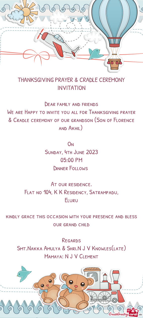 THANKSGIVING PRAYER & CRADLE CEREMONY INVITATION