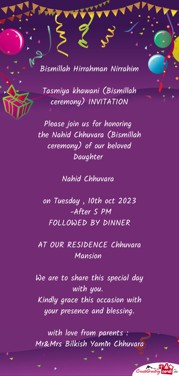 The Nahid Chhuvara (Bismillah ceremony) of our beloved Daughter