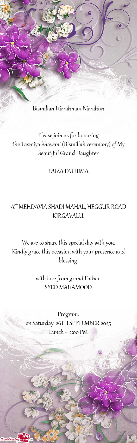 The Tasmiya khawani (Bismillah ceremony) of My beautiful Grand Daughter