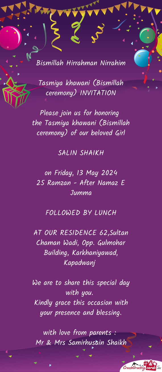 The Tasmiya khawani (Bismillah ceremony) of our beloved Girl