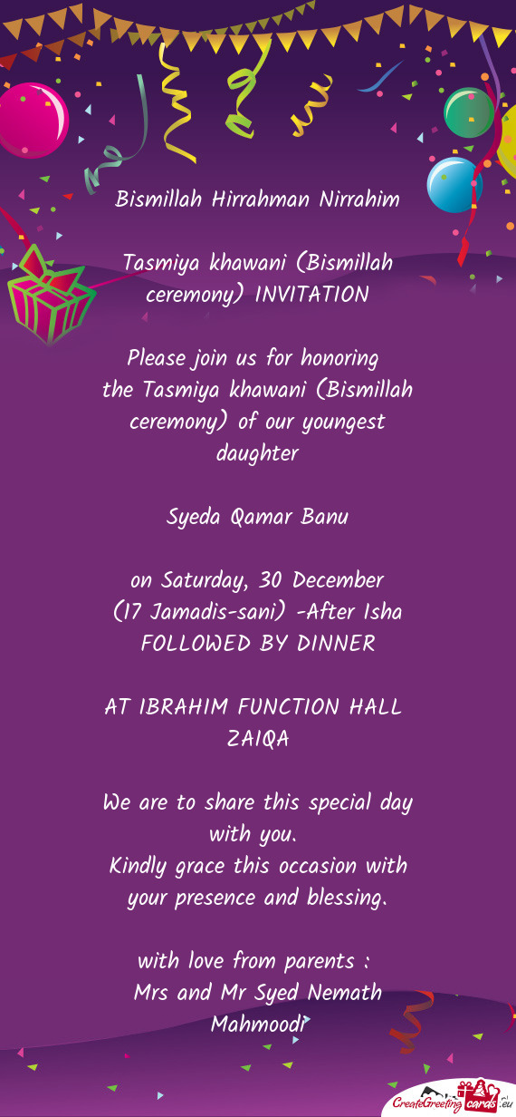 The Tasmiya khawani (Bismillah ceremony) of our youngest daughter