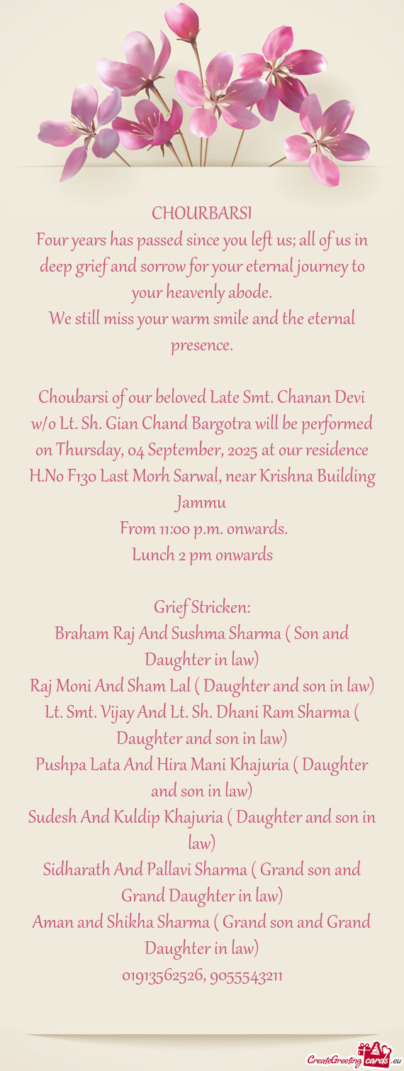 Thursday, 04 September, 2025 at our residence H.No F130 Last Morh Sarwal, near Krishna Building Jamm