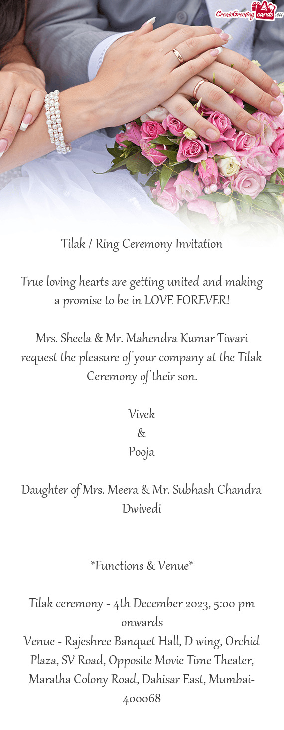 Tilak ceremony - 4th December 2023, 5:00 pm onwards