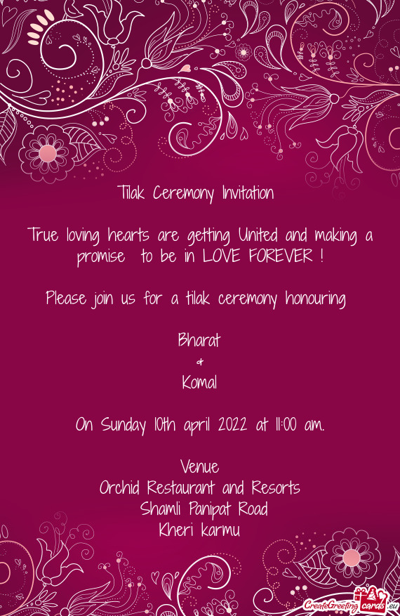 Tilak Ceremony Invitation     True loving hearts are