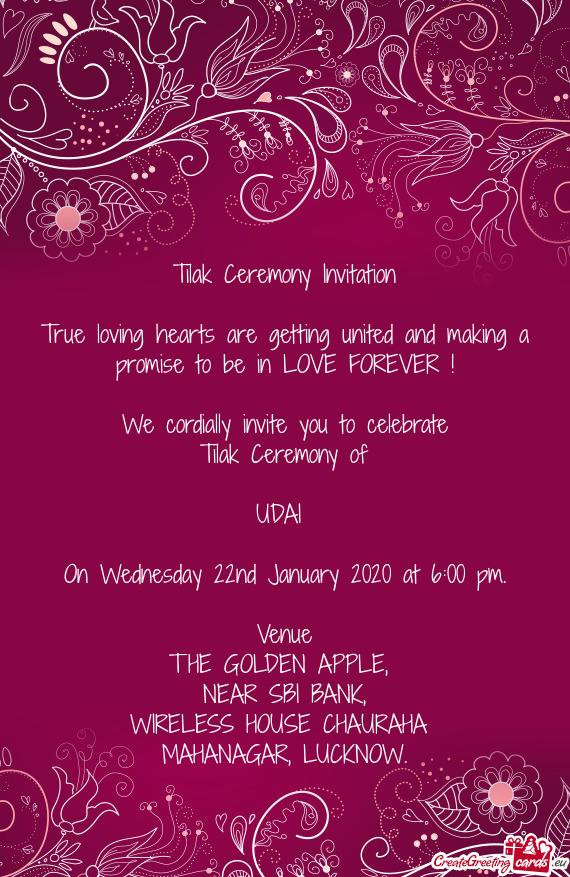 Tilak Ceremony Invitation    True loving hearts are