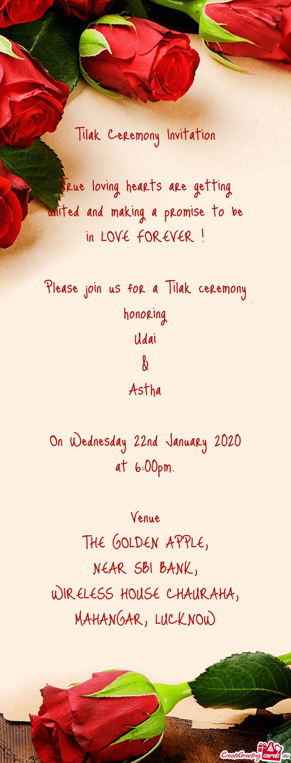 Tilak Ceremony Invitation    True loving hearts are