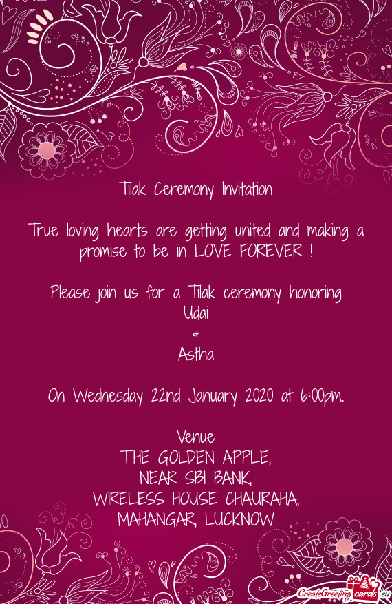 Tilak Ceremony Invitation    True loving hearts are