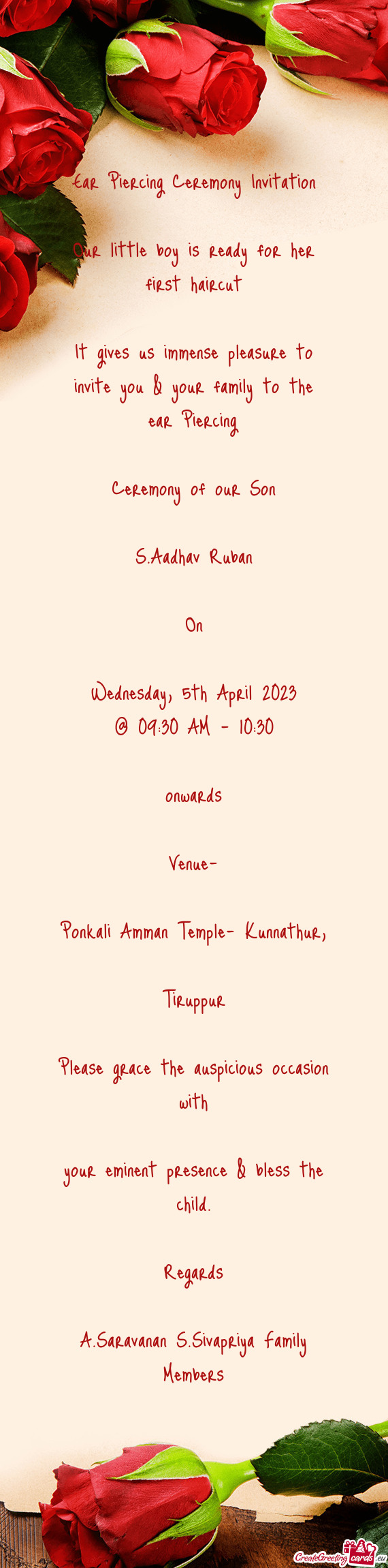 Tiruppur Please grace the auspicious occasion with your eminent presence & bless the child