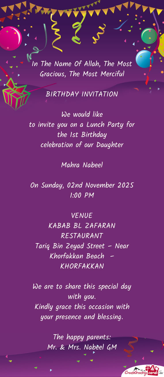 To invite you on a Lunch Party for the 1st Birthday