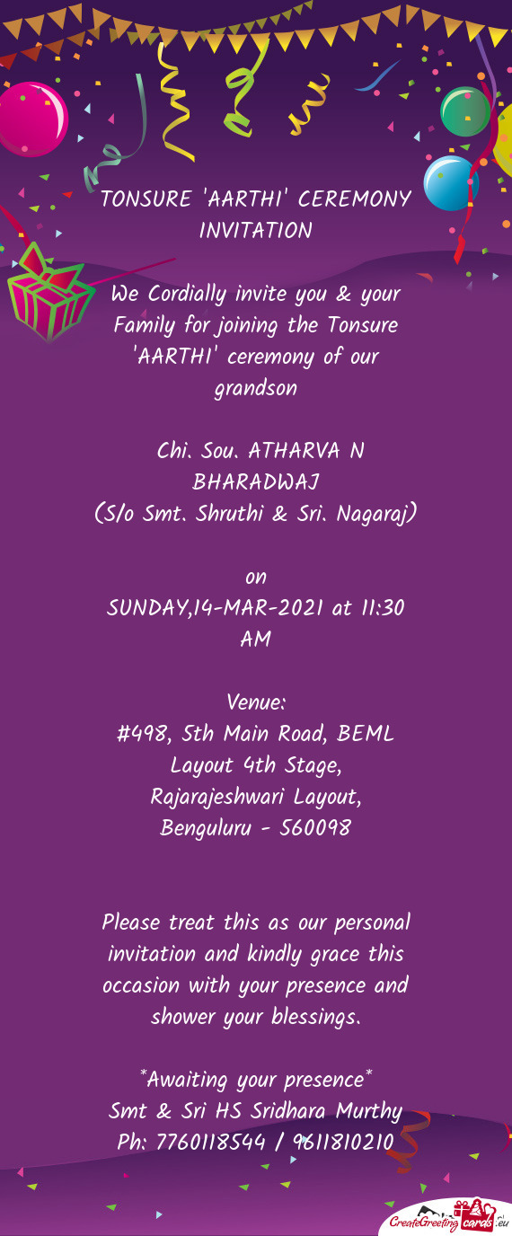 TONSURE "AARTHI" CEREMONY INVITATION