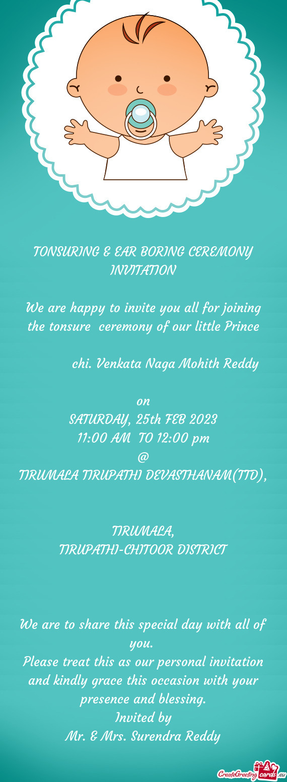 TONSURING & EAR BORING CEREMONY INVITATION