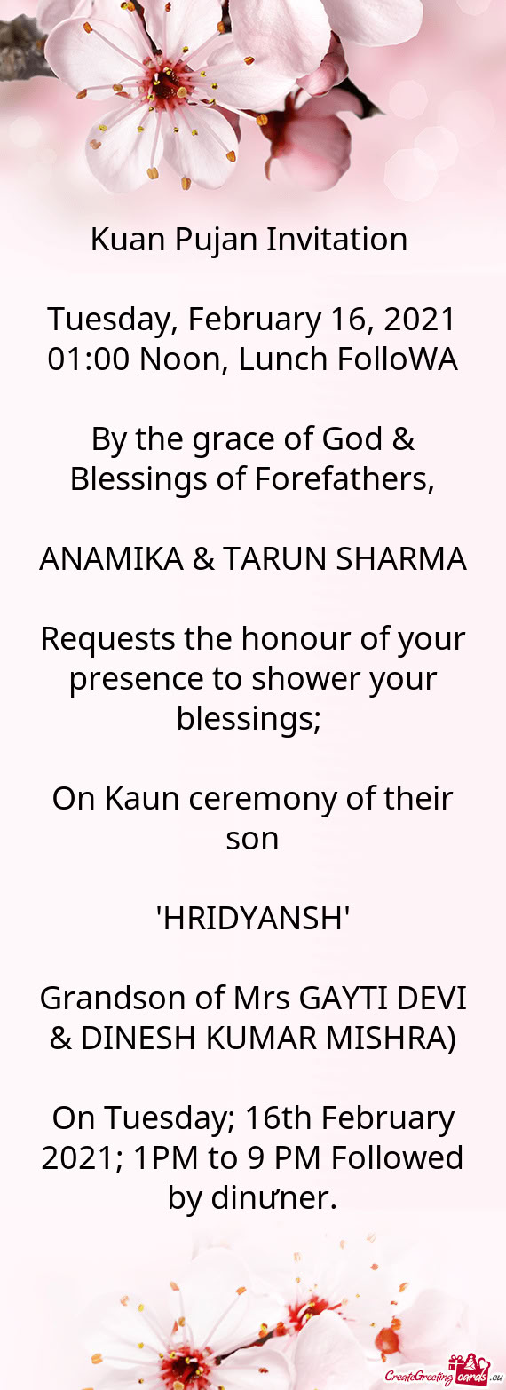 Tuesday, February 16, 2021 01:00 Noon, Lunch FolloWA