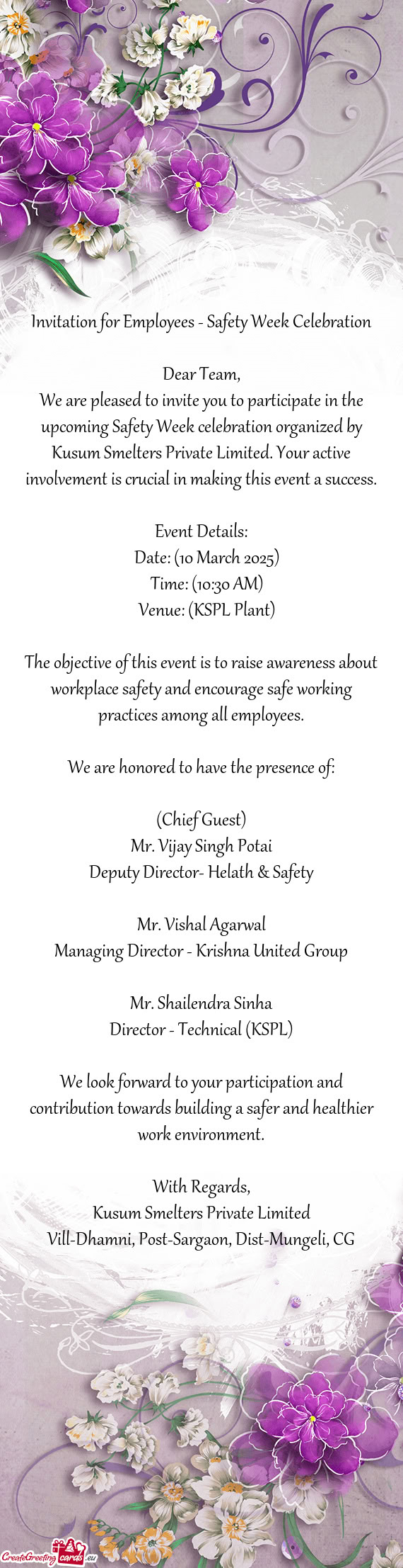 Um Smelters Private Limited. Your active involvement is crucial in making this event a success