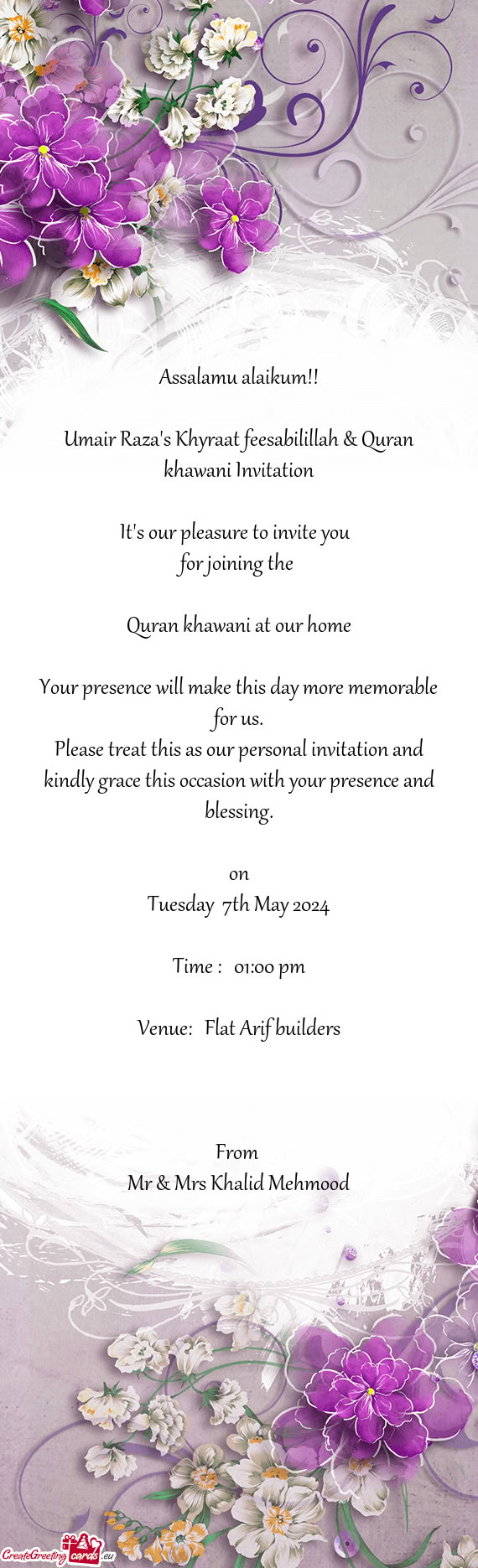 Umair Raza's Khyraat feesabilillah & Quran khawani Invitation