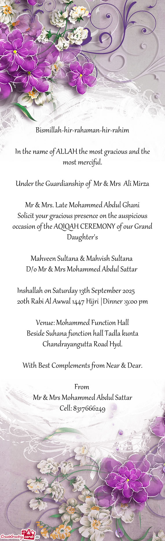 Under the Guardianship of Mr & Mrs Ali Mirza