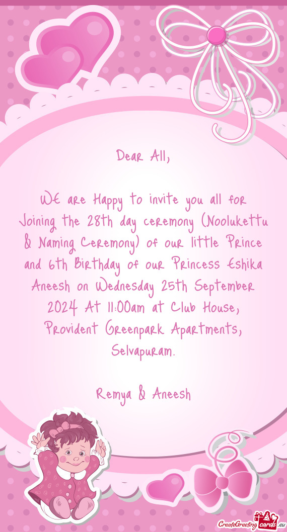 Ur little Prince and 6th Birthday of our Princess Eshika Aneesh on Wednesday 25th September 2024 At