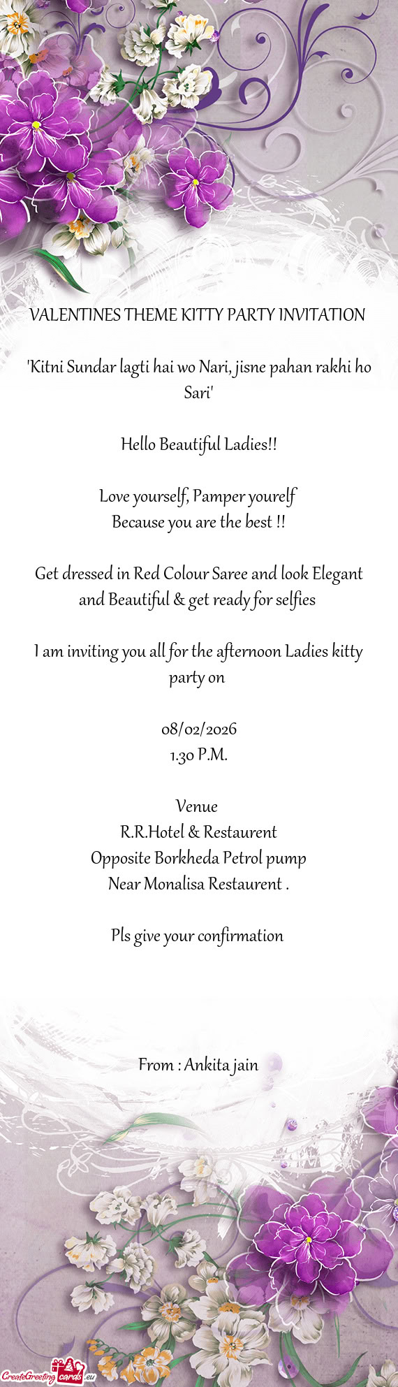 VALENTINES THEME KITTY PARTY INVITATION