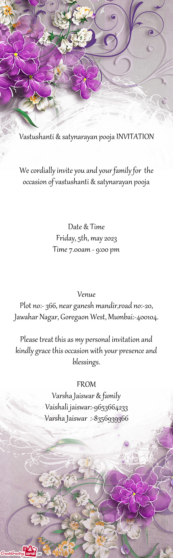 Vastushanti & satynarayan pooja INVITATION