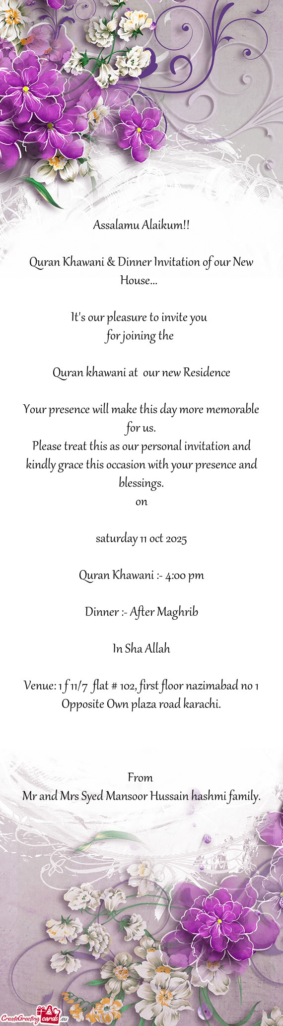 Venue: 1 f 11/7 flat # 102, first floor nazimabad no 1 Opposite Own plaza road karachi