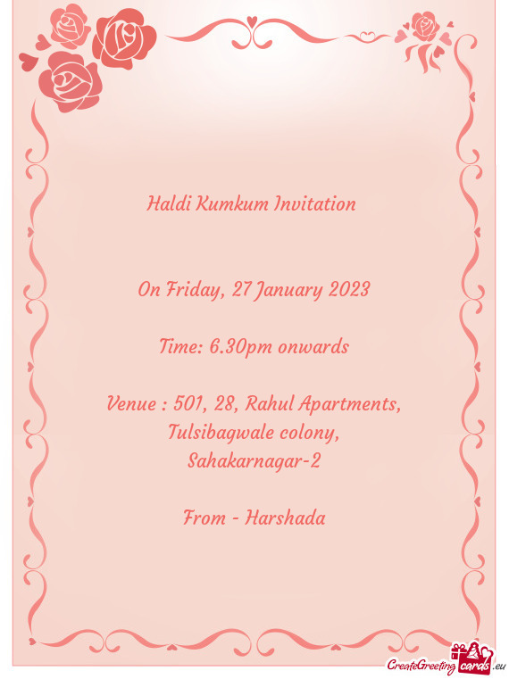 Venue : 501, 28, Rahul Apartments, Tulsibagwale colony