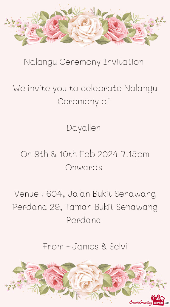 Venue : 604, Jalan Bukit Senawang Perdana 29, Taman Bukit Senawang Perdana