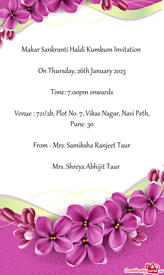 Venue : 721/2b, Plot No. 7, Vikas Nagar, Navi Peth, Pune. 30