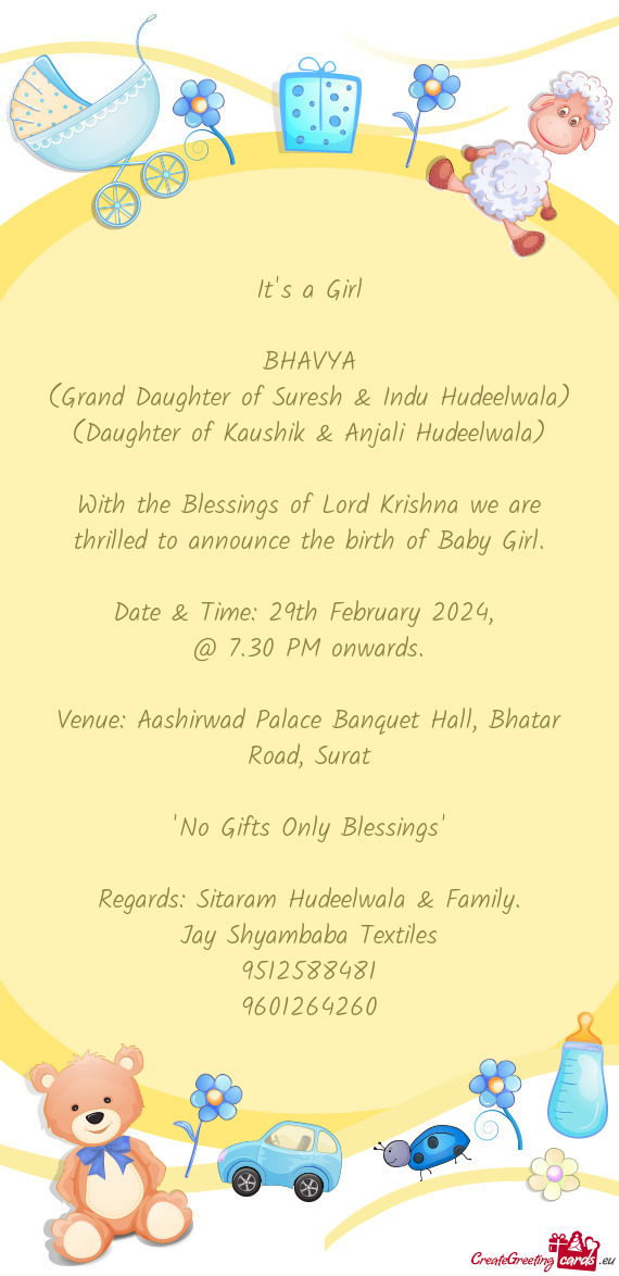 Venue: Aashirwad Palace Banquet Hall, Bhatar Road, Surat