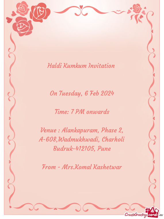 Venue : Alankapuram, Phase 2, A-608,Wadmukhwadi, Charholi Budruk-412105, Pune