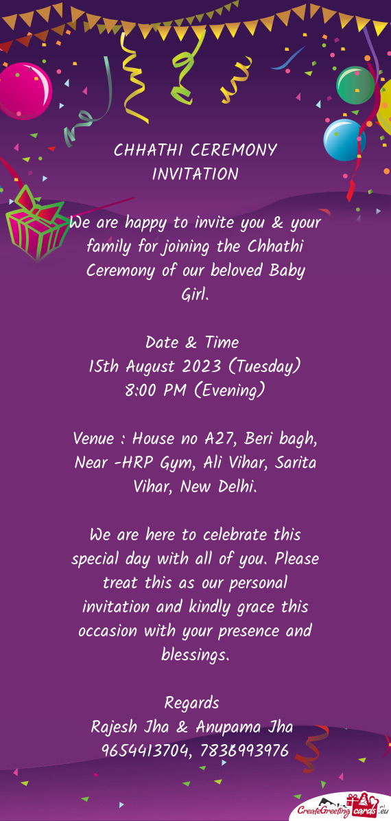 Venue : House no A27, Beri bagh, Near -HRP Gym, Ali Vihar, Sarita Vihar, New Delhi