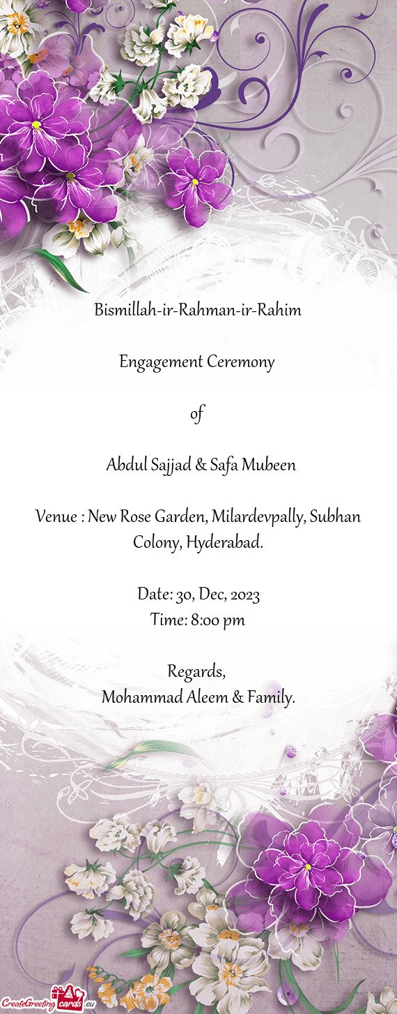 Venue : New Rose Garden, Milardevpally, Subhan Colony, Hyderabad