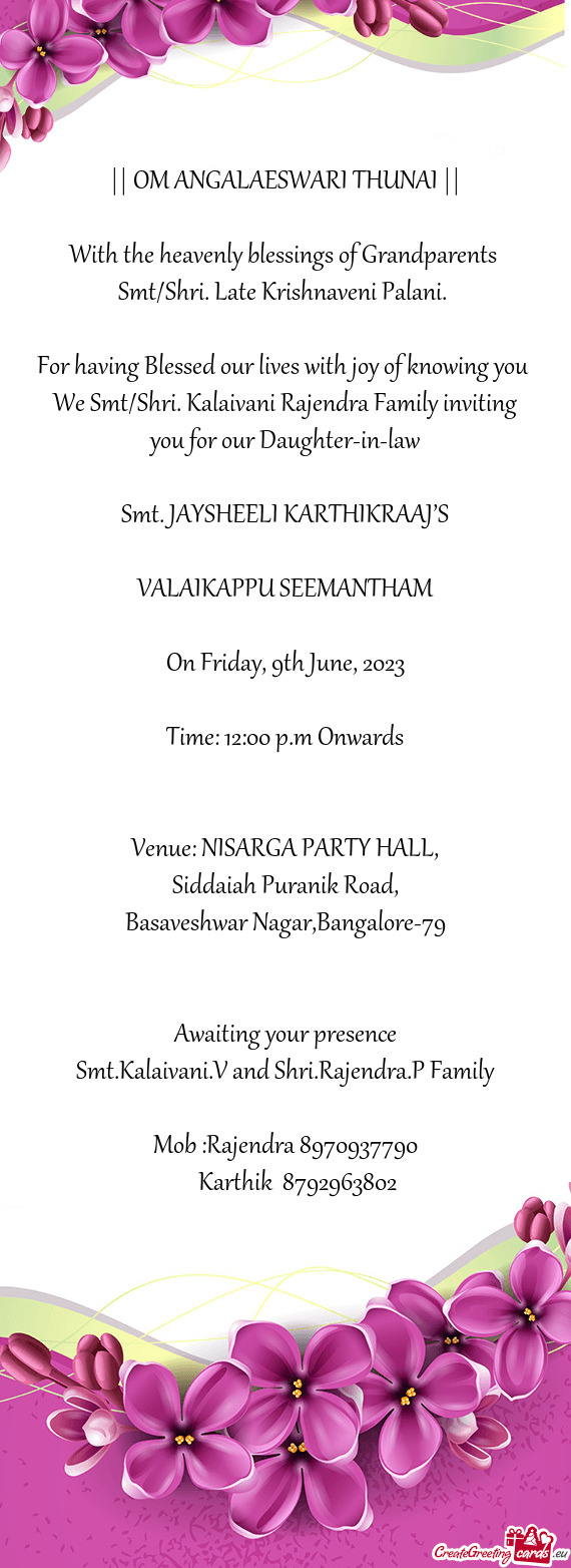 Venue: NISARGA PARTY HALL