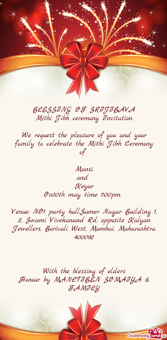 Venue; NO1 party hall,Sumer Nagar Building 1, 2, Swami Vivekanand Rd, opposite Kalyan Jewellers, Bor