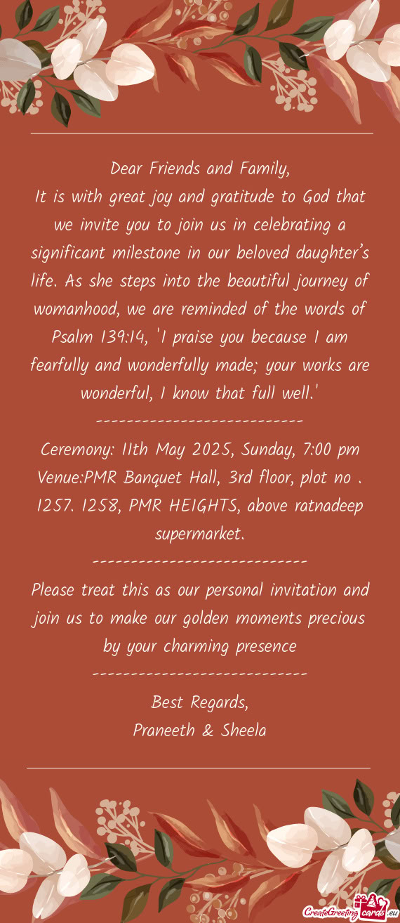 Venue:PMR Banquet Hall, 3rd floor, plot no . 1257. 1258, PMR HEIGHTS, above ratnadeep supermarket