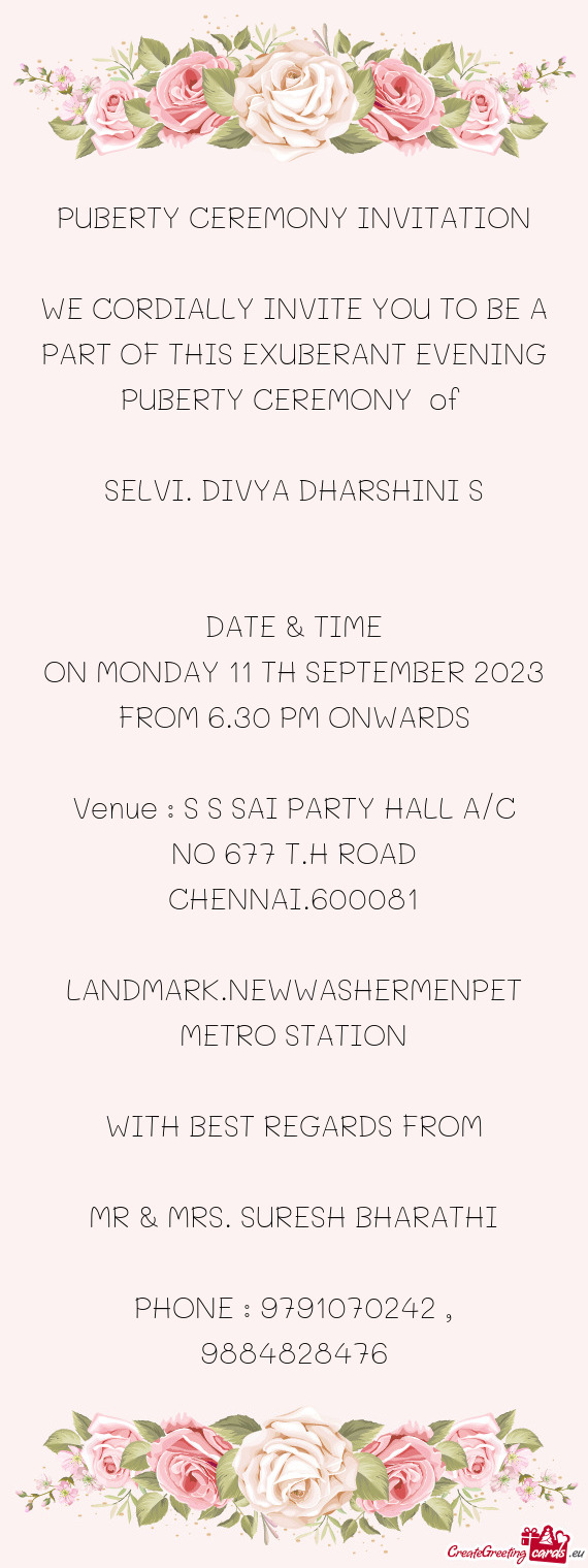 Venue : S S SAI PARTY HALL A/C