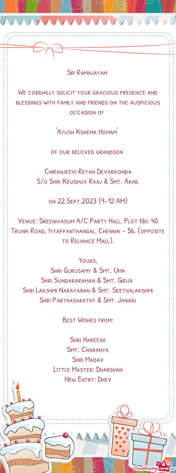 Venue: Sreenivasum A/C Party Hall, Plot No: 40 Trunk Road, Iyyappanthangal, Chennai - 56. (opposite