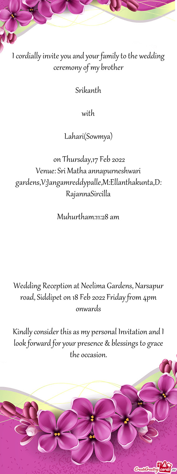 Venue: Sri Matha annapurneshwari gardens,V:Jangamreddypalle,M:Ellanthakunta,D: RajannaSircilla