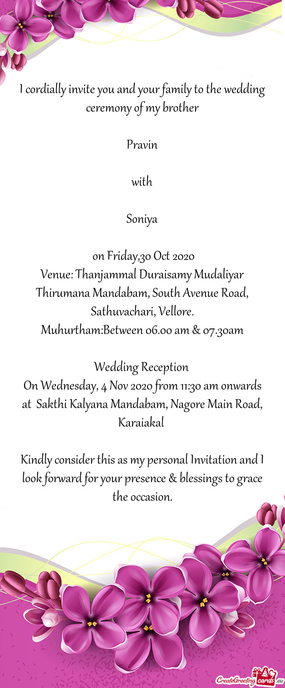 Venue: Thanjammal Duraisamy Mudaliyar Thirumana Mandabam, South Avenue Road, Sathuvachari, Vellore