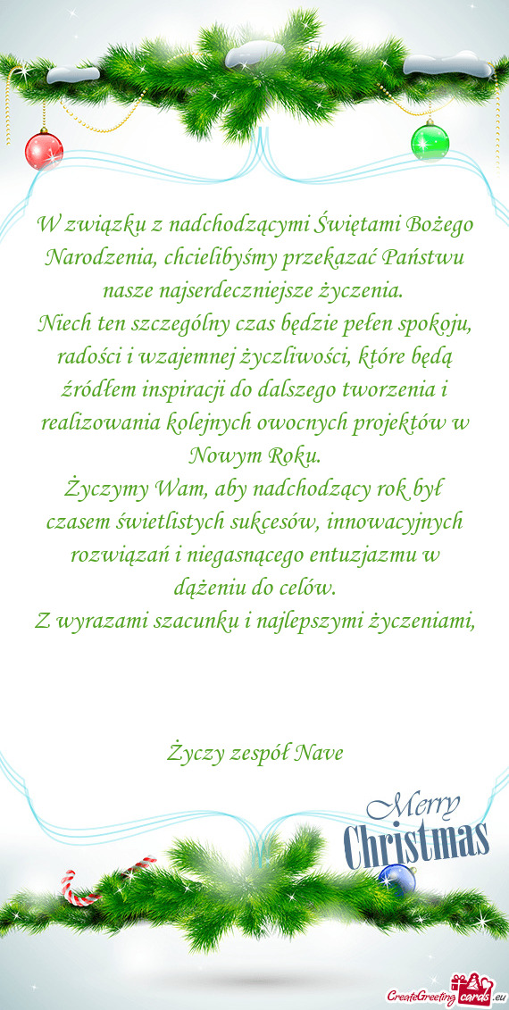 W związku z nadchodzącymi Świętami Bożego Narodzenia, chcielibyśmy przekazać Państwu nasze n