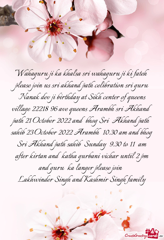 Wahaguru ji ka khalsa sri wahaguru ji ki fateh please join us sri akhand path celibration sri guru