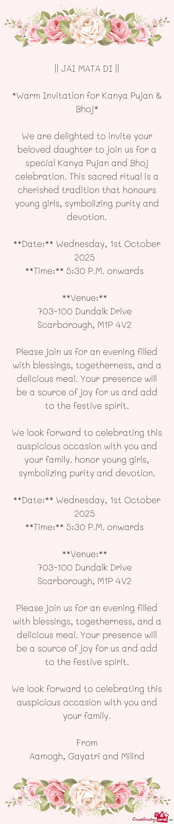 Warm Invitation for Kanya Pujan & Bhoj