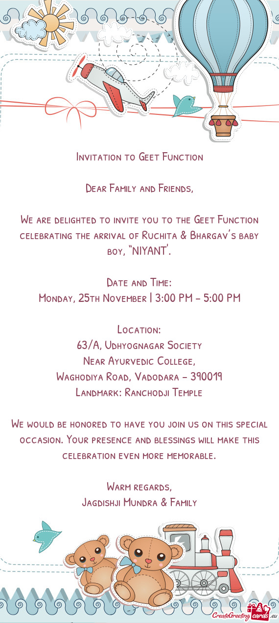 We are delighted to invite you to the Geet Function celebrating the arrival of Ruchita & Bhargav’s